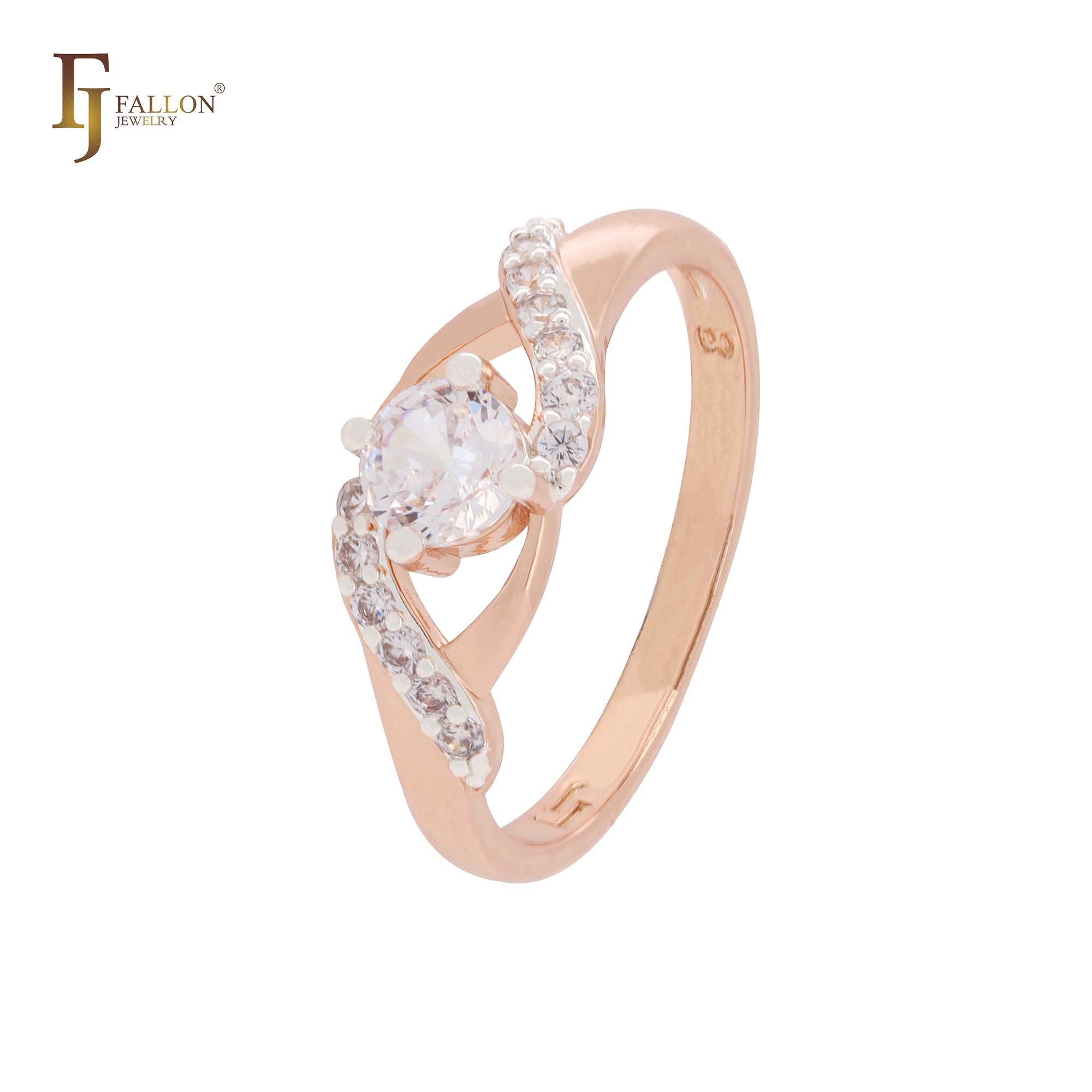 Solitaire white Czs of double twisted bands Rose Gold two tone Fashion Rings