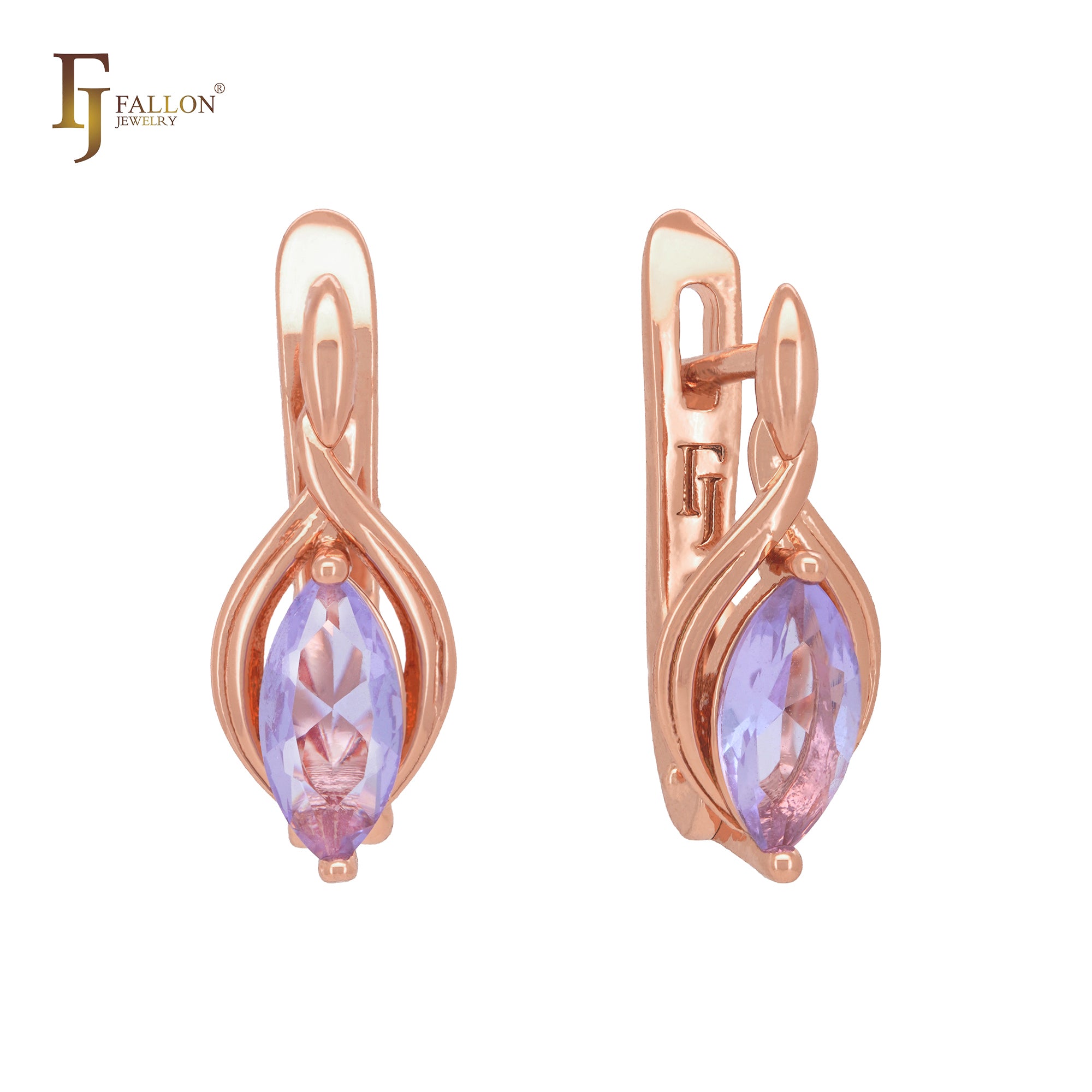 Solitaire clawed Marquise pink purple CZ Rose Gold Clip-On Earrings