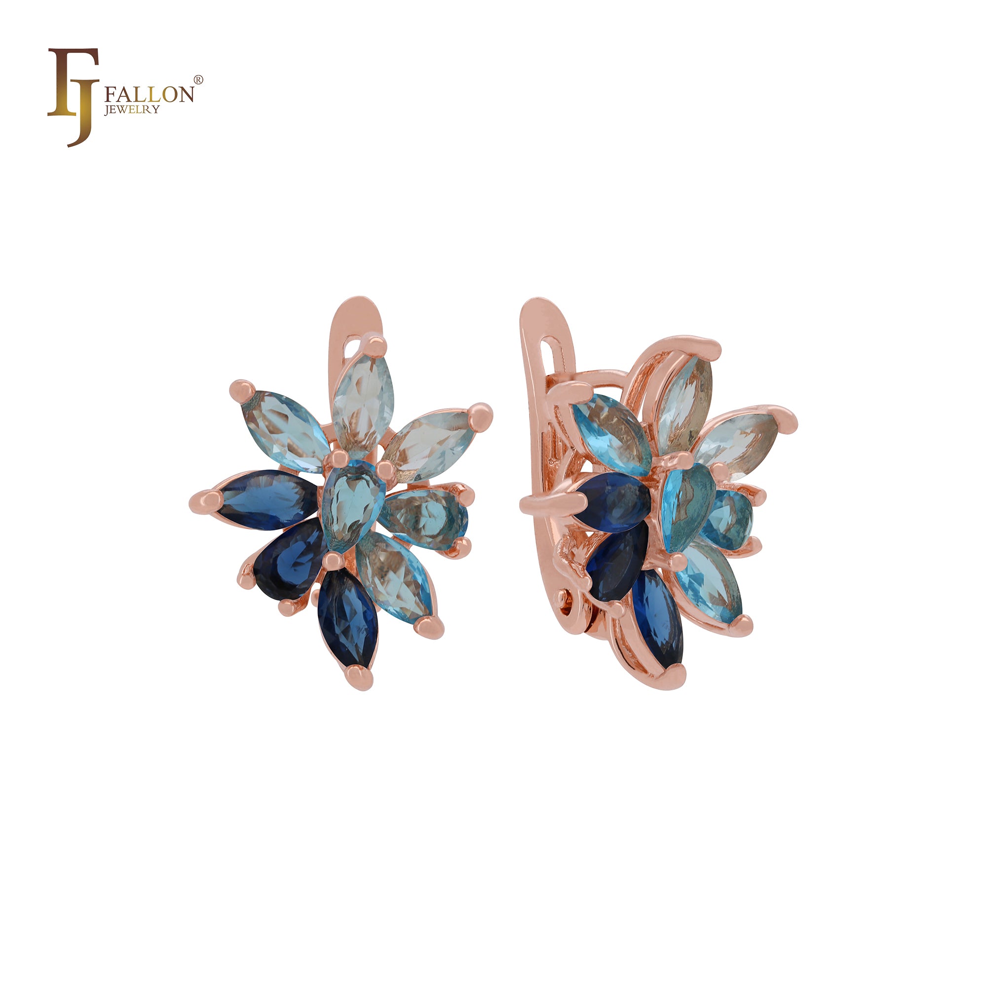 Cluster luxurious flower of marquise white or blue CZs sparkling Rose Gold Clip-On Earrings