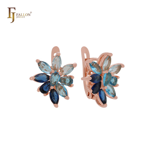 Cluster luxurious flower of marquise white or blue CZs sparkling Rose Gold Clip-On Earrings