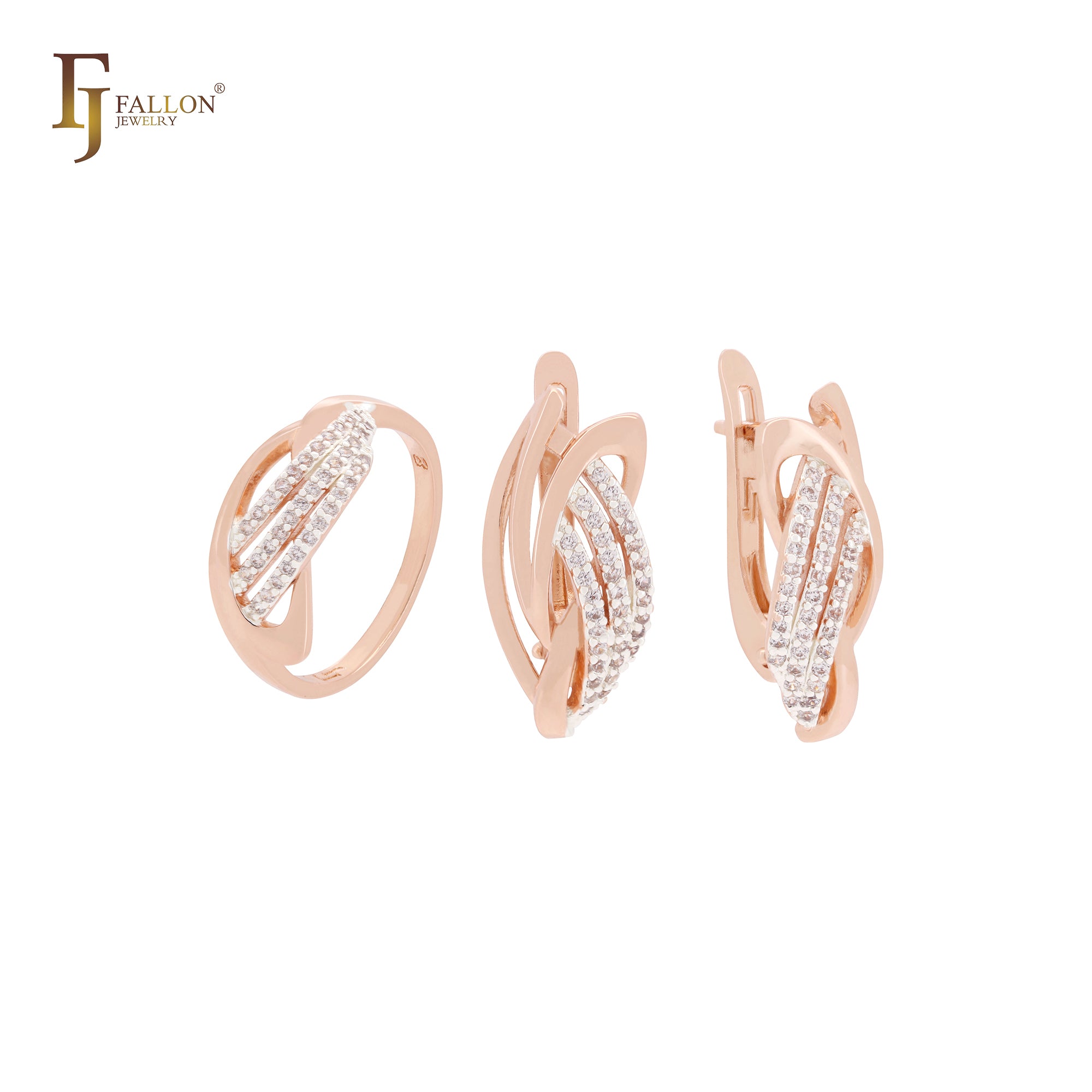 Triple white CZs layers interlocking geometric Rose Gold two tone Jewelry Set with Rings