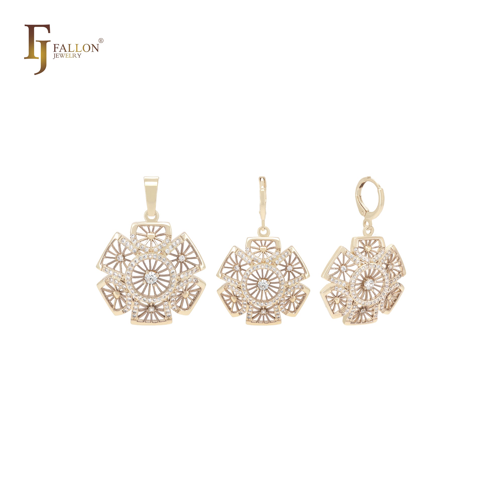 Kleidoscope white CZs halo hexagon petals 14K Gold Jewelry Set with Pendant