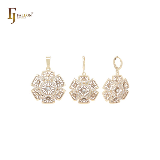 Kleidoscope white CZs halo hexagon petals 14K Gold Jewelry Set with Pendant