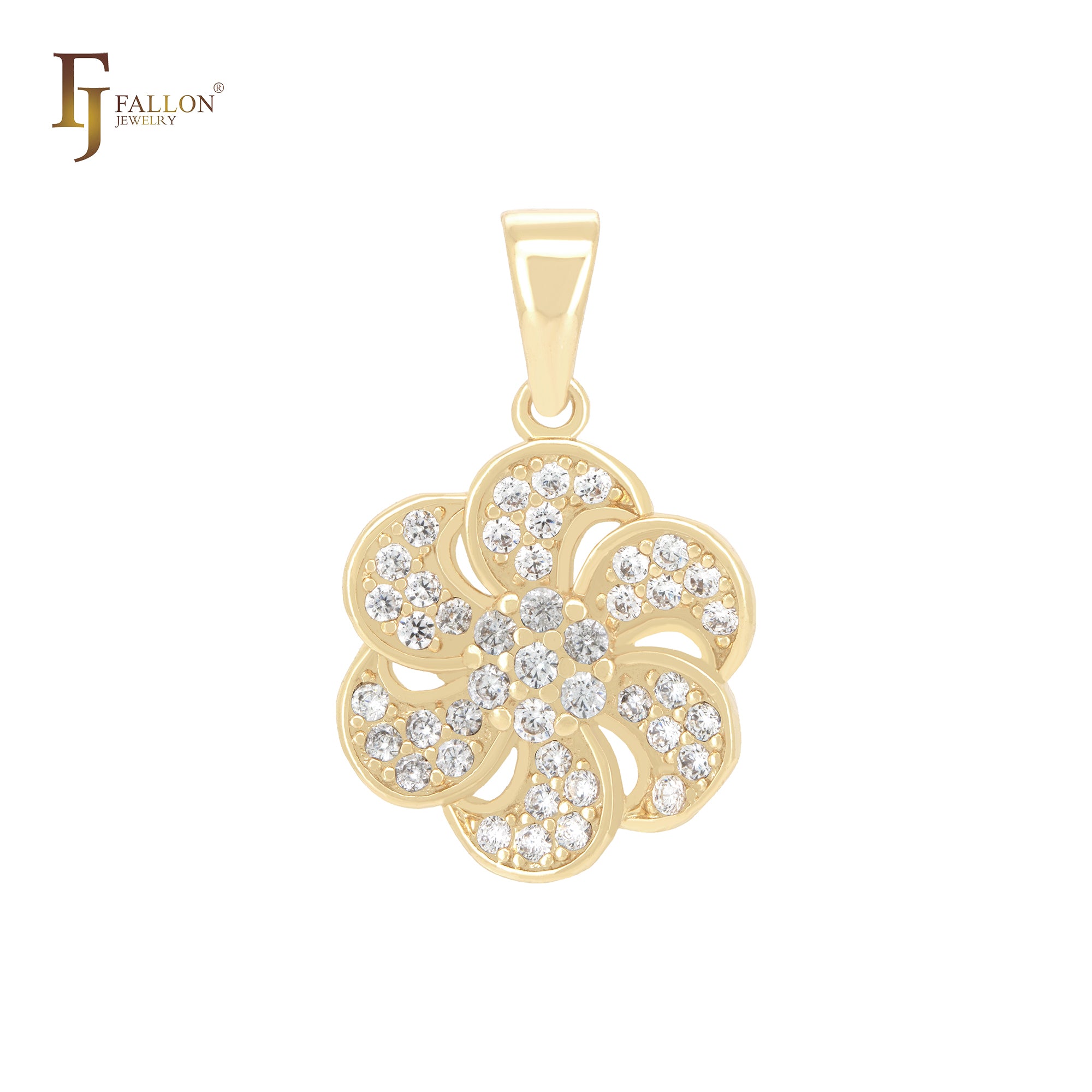 Six petals of white CZs flower fan 14K Gold Pendant