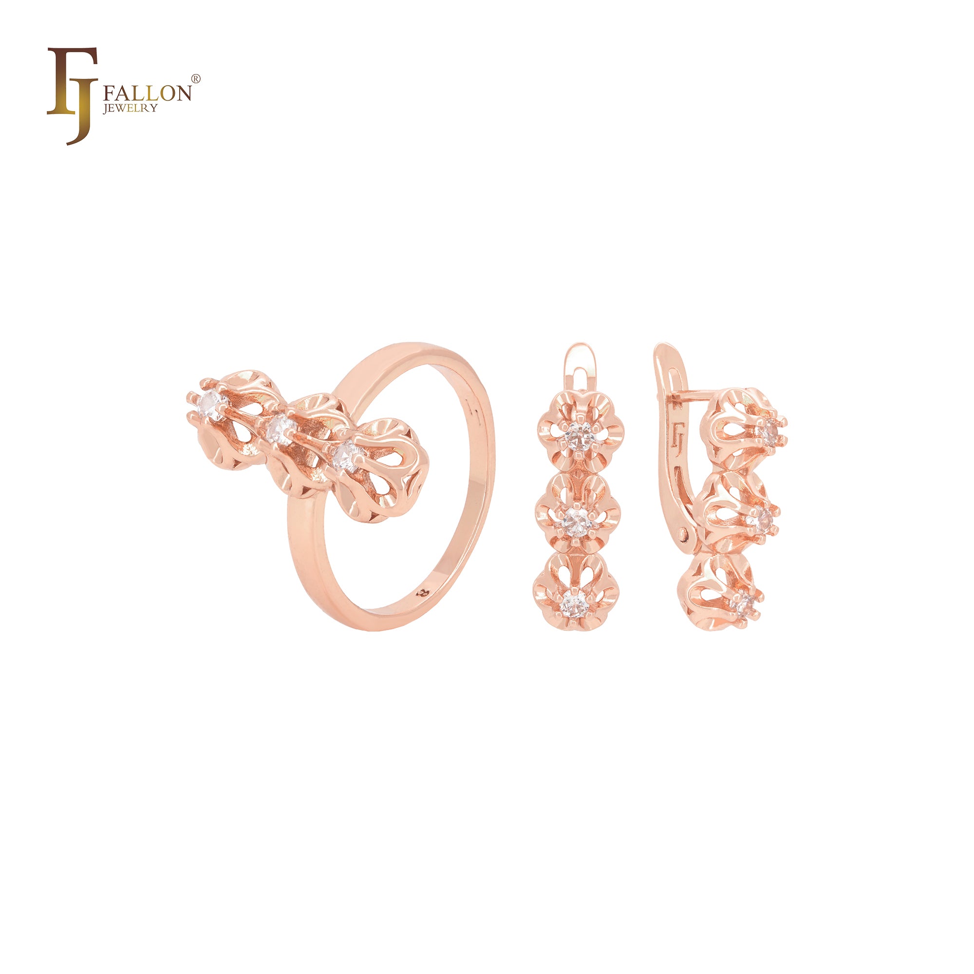 Triple clawed white CZs Rose Gold Jewelry Set with Rings