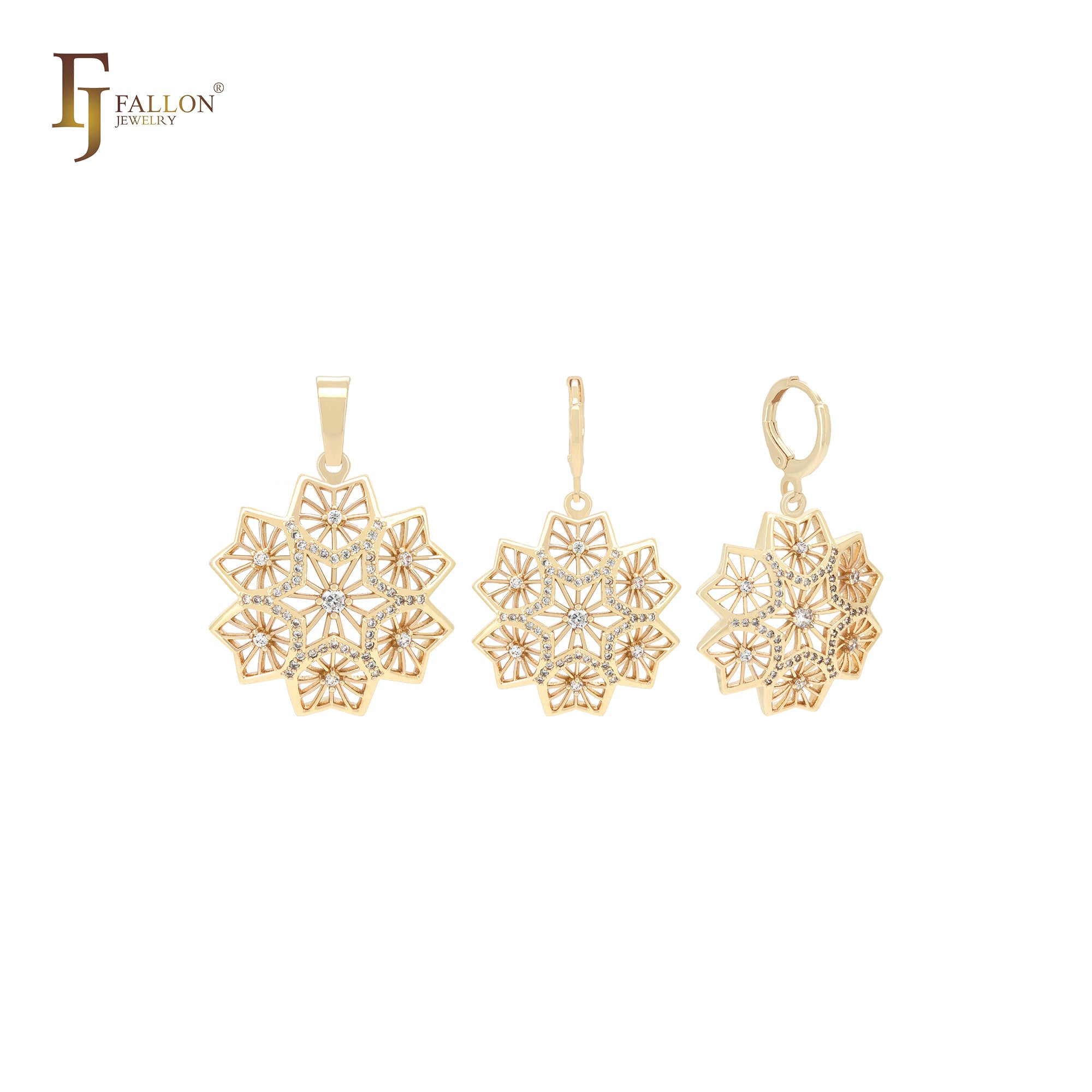 Hexagon snowflake maple leave 14K Gold Jewelry Set with pendant