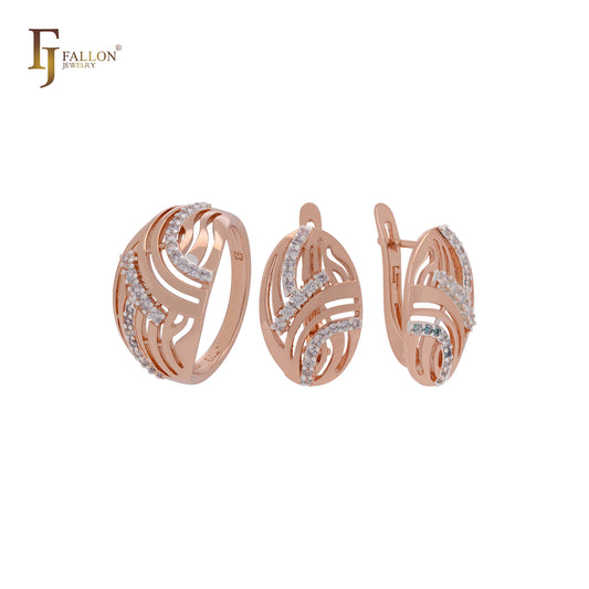 Oval wire filigree textured white CZs Rose Gold two tone Jewelry Set with Rings