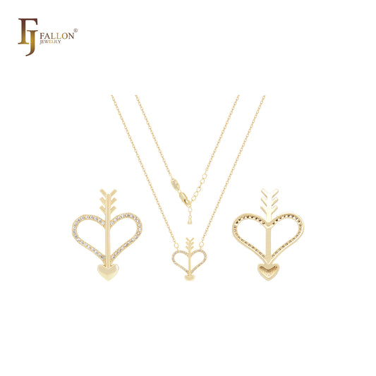 Arrow of heart crossing heart of white CZs 14K Gold, Rose Gold Necklace