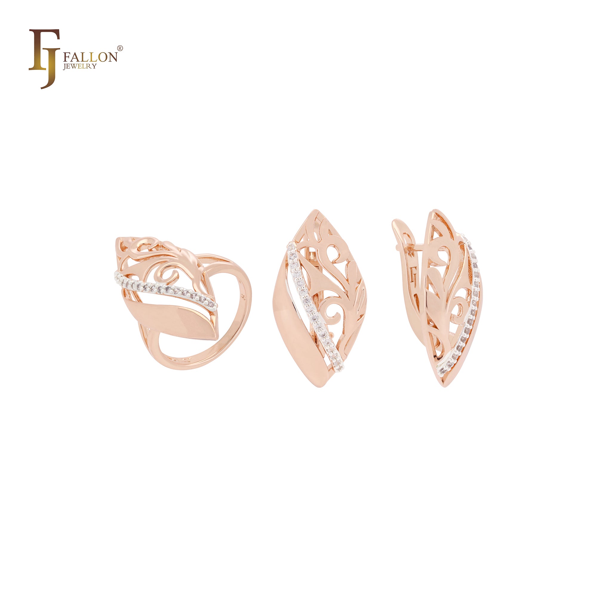 Oval branches of filigree white CZs Rose Gold two tone Jewelry Set with Rings