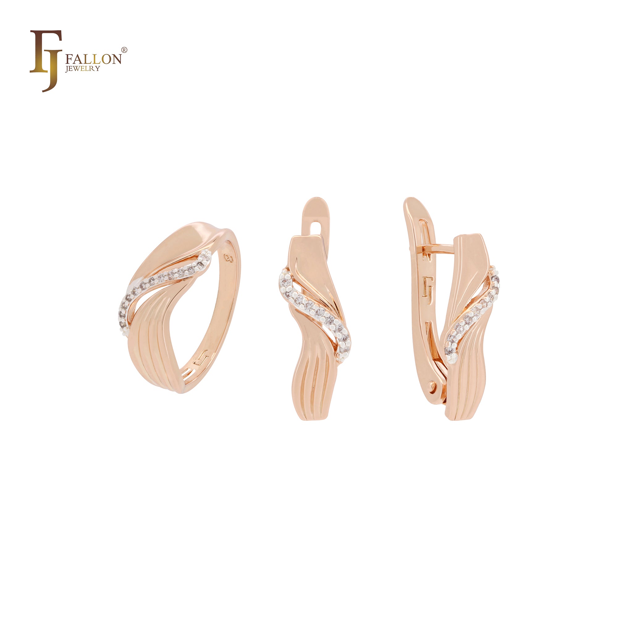 Fluffy ribbon of white CZs Rose Gold two tone Jewelry Set with Rings