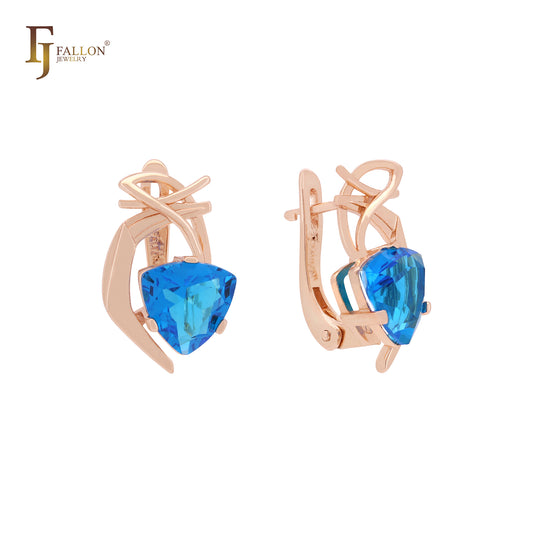 Solitaire ocean blue triangular CZ Rose Gold Clip-On Earrings