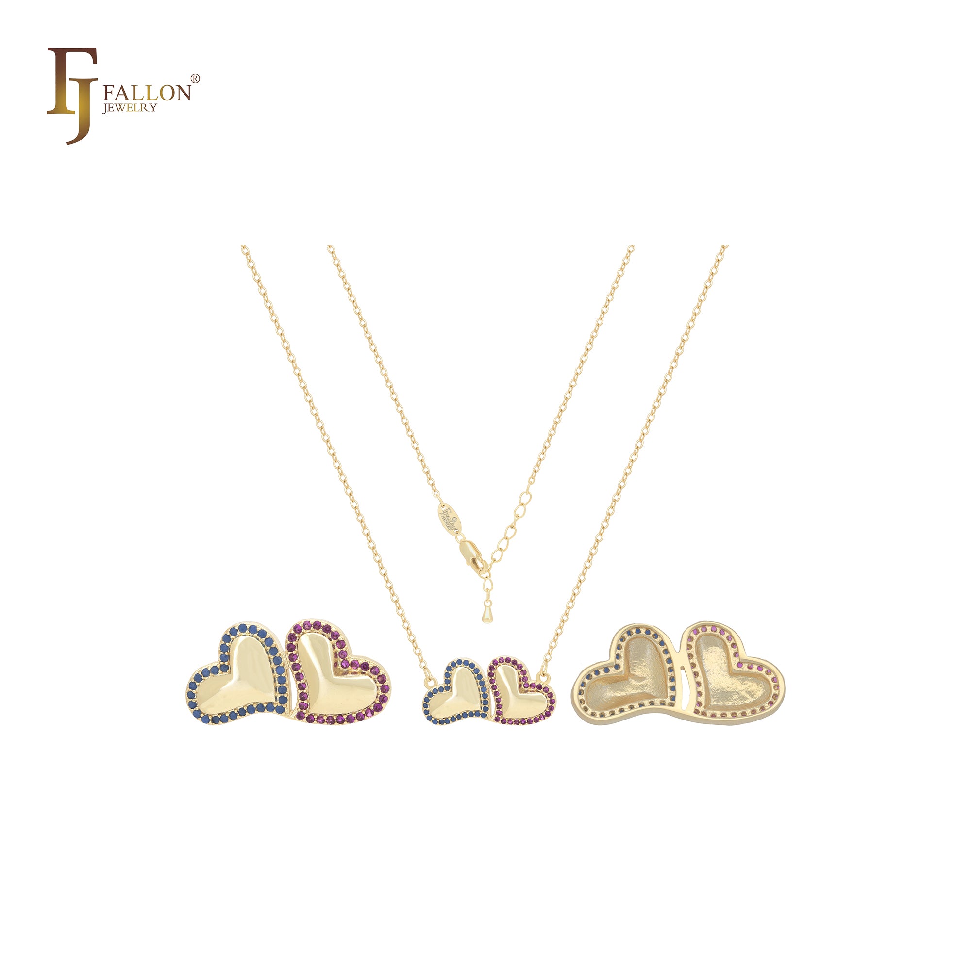 Double heart of blue and pink colorful CZs 14K Gold, Rose Gold Necklace