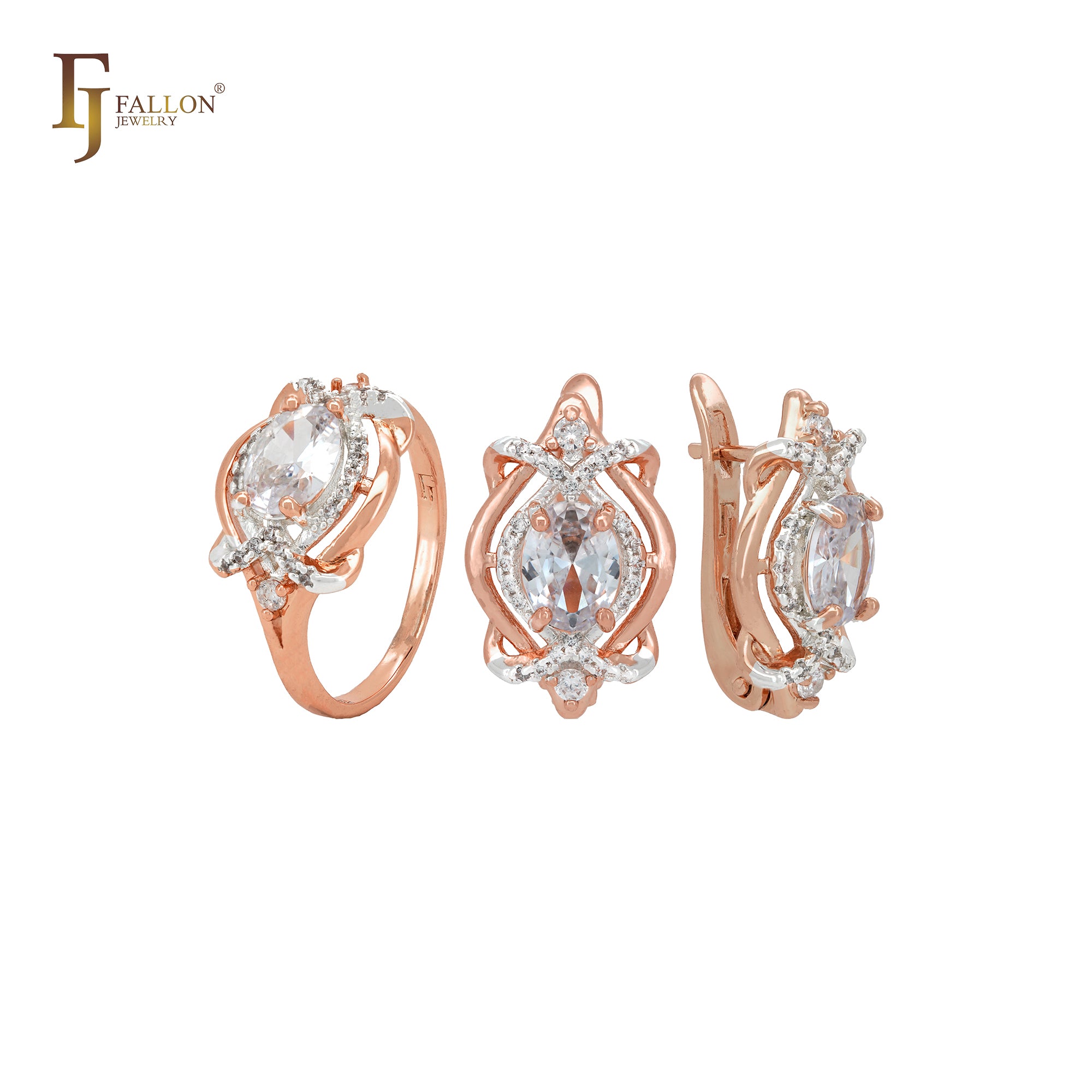 Luxurious interlocking CZs Rose Gold Jewelry Set with Rings