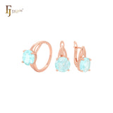 Big Solitaire Lake Blue CZ Rose Gold Jewelry Set with Rings