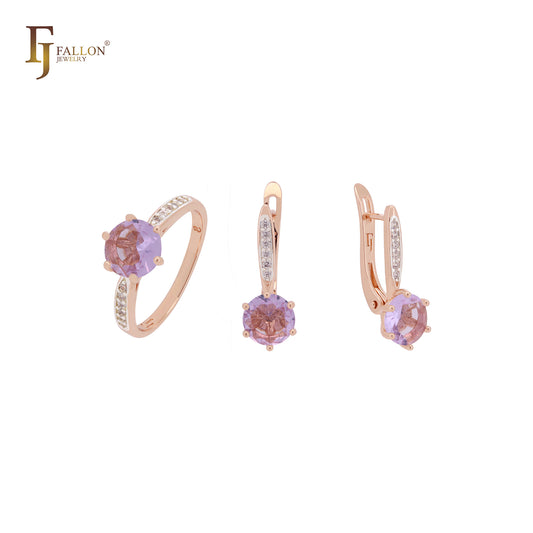 Elegant Rounded Round white or purple pink CZ cubic zirconia Rose Gold two tone Jewelry Set with Rings