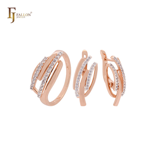 Thousand rows of white CZs parallel Rose Gold two tone Jewelry Set with Rings