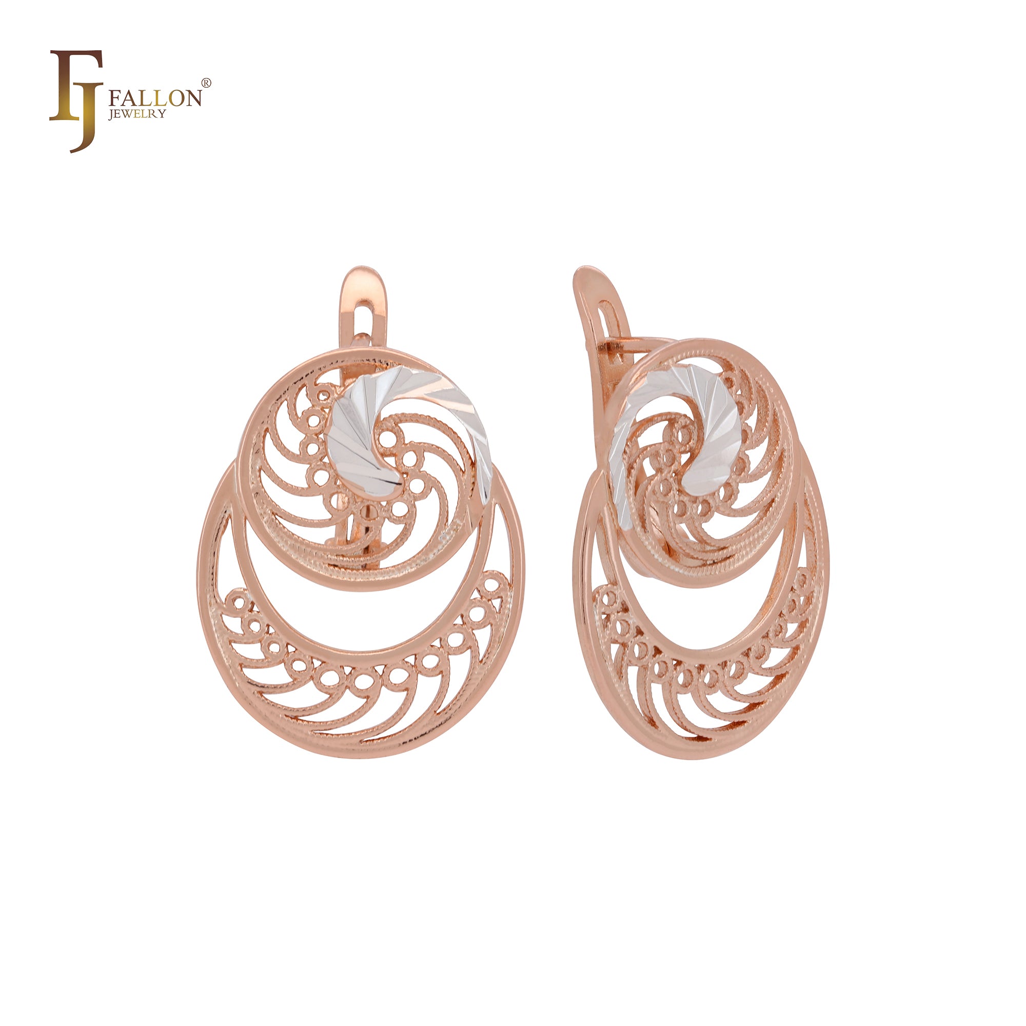 Wide grand wavy filigree Rose Gold two tone Clip-On Earrings