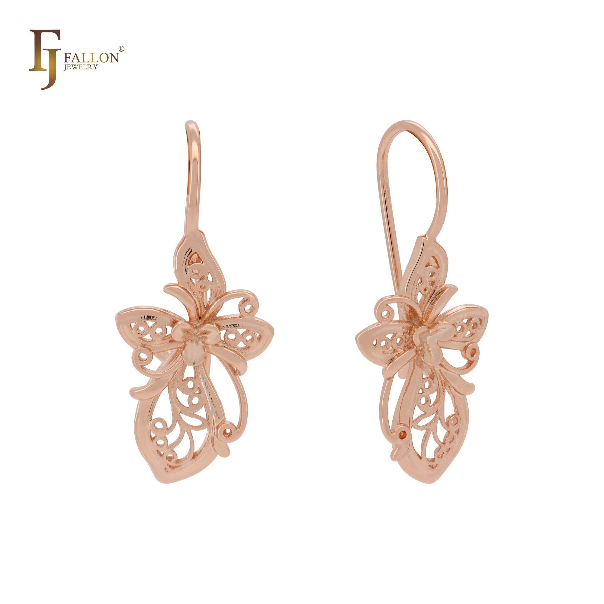 Butterfly flower filigree Rose Gold Wire Hook Earrings