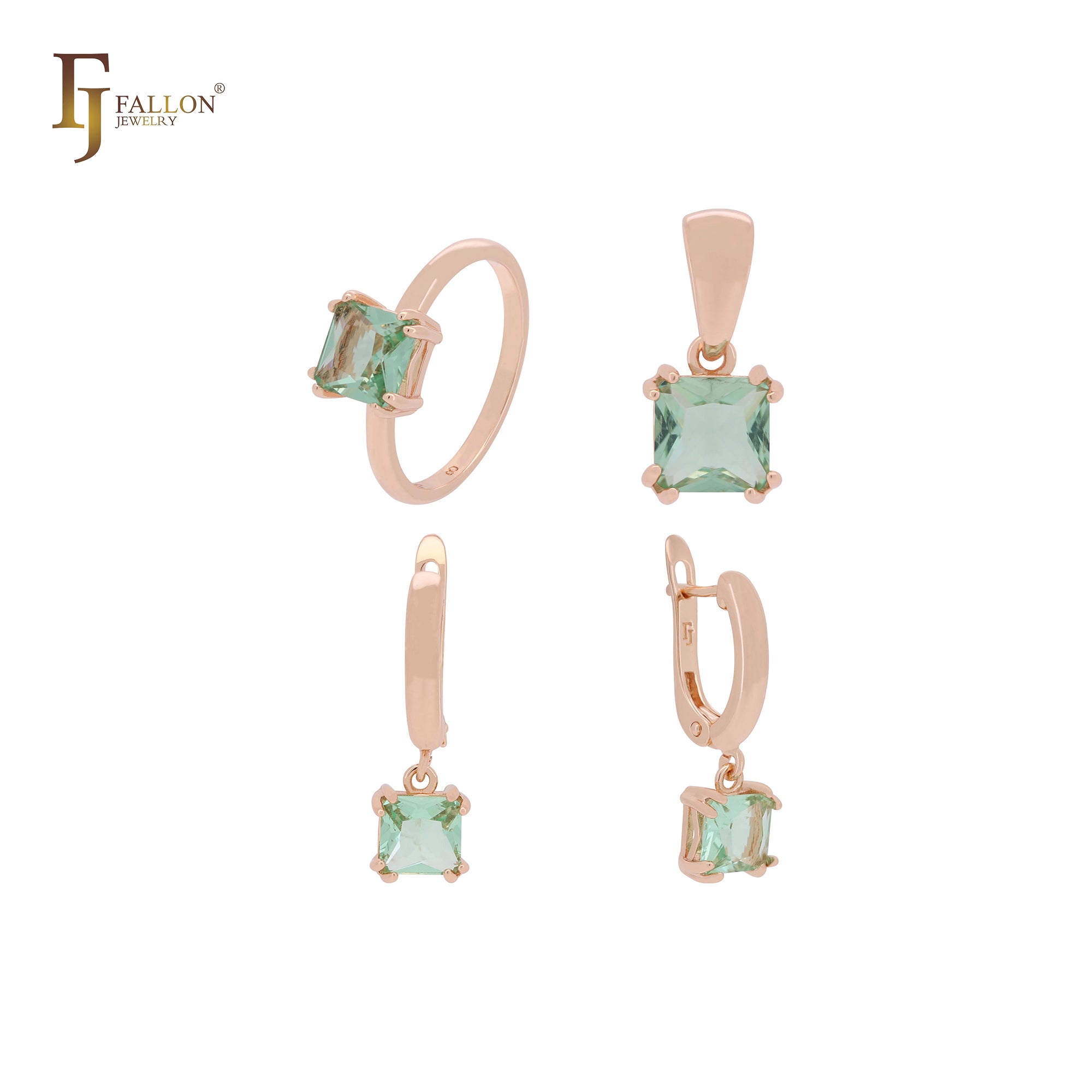 Apple green cushion cut Solitaire Rose Gold Jewelry set with Rings and Pendant