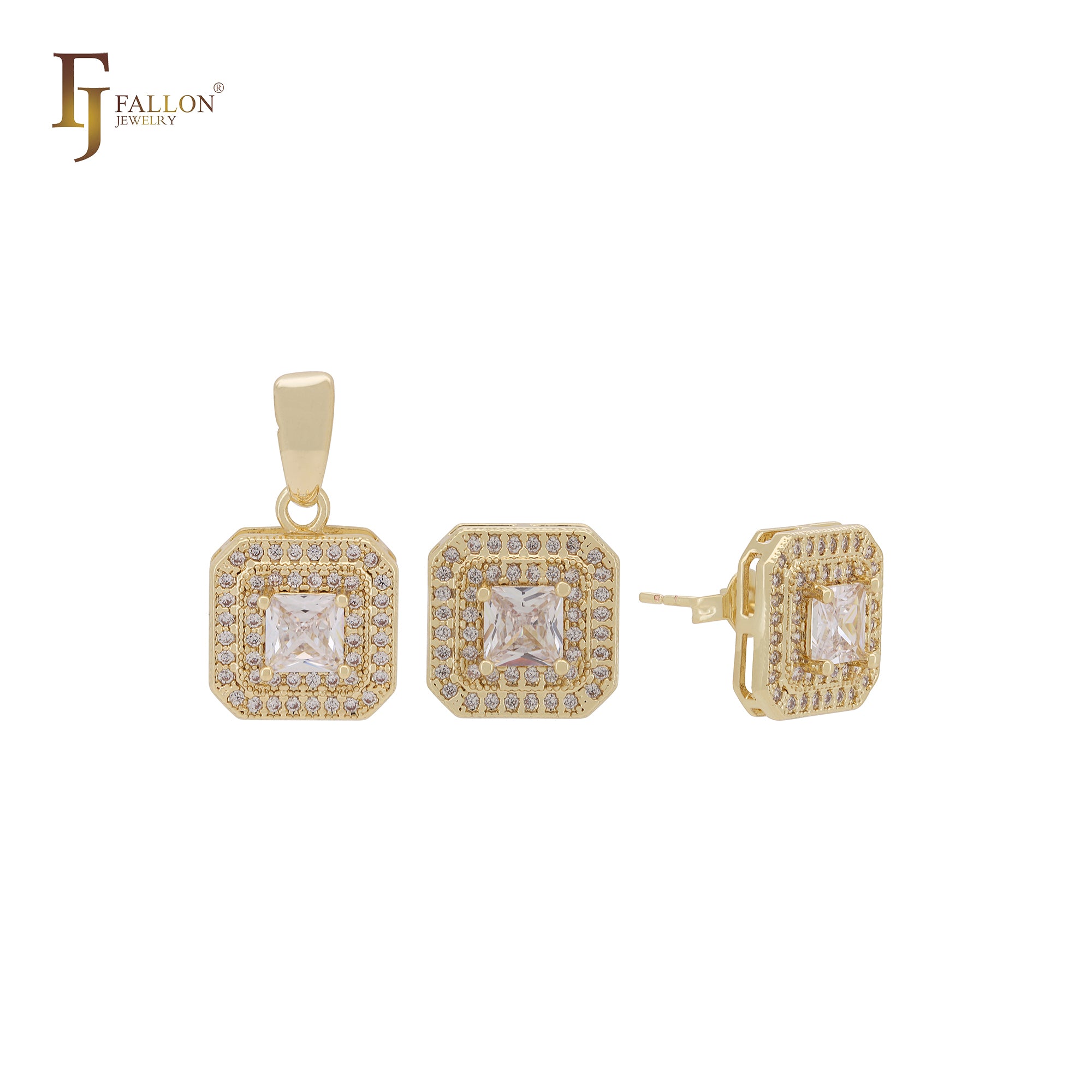 Double halo squared white CZs 14K Gold Jewelry Set with Pendant
