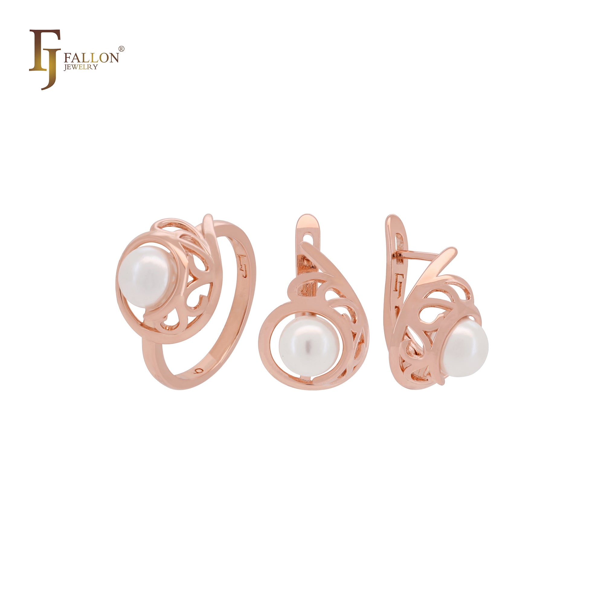 Elegant round clawed pearl Rose Gold Jewelry Set with Rings