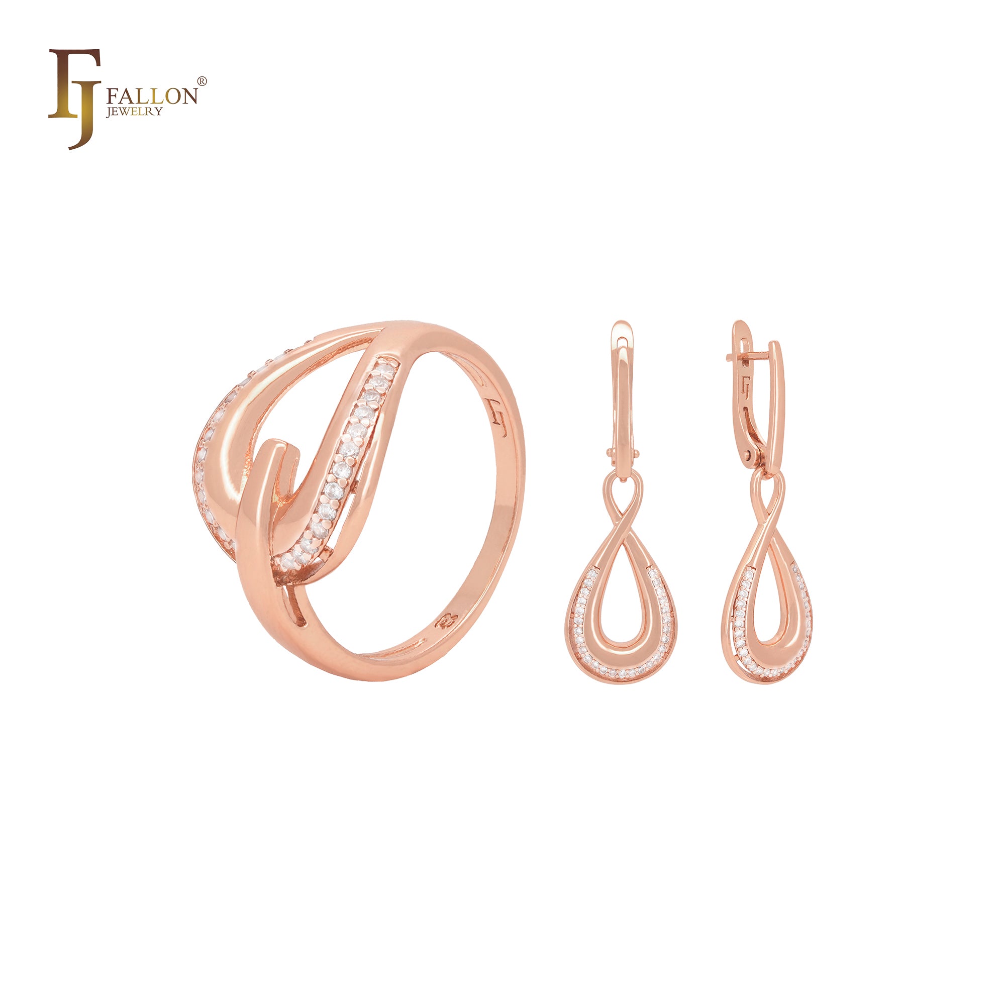 Blooming braches of white CZs Rose Gold Jewelry Set with Rings