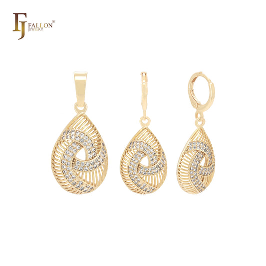 Triple mesh of white CZs filigree 14K Gold Jewelry Set with Pendant