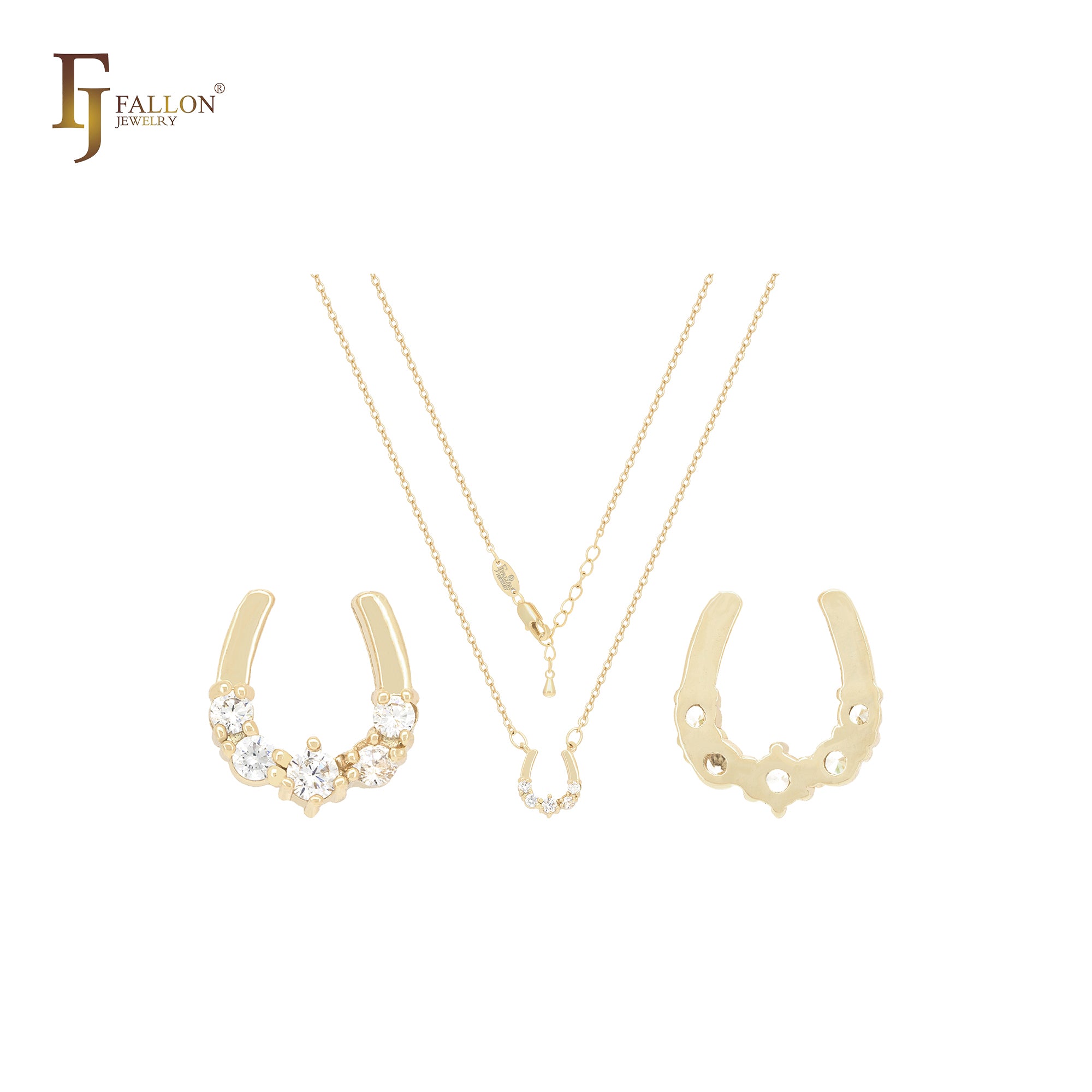 Horseshoe of five cluster white CZs 14K Gold necklace