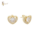 Petit tiny Heart shape halo white CZs 14K Gold Stud earrings