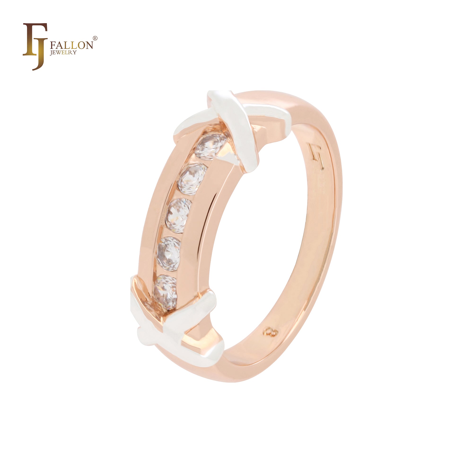 Double crossed ribbons with white czs Rose Gold two tone Fashion Rings