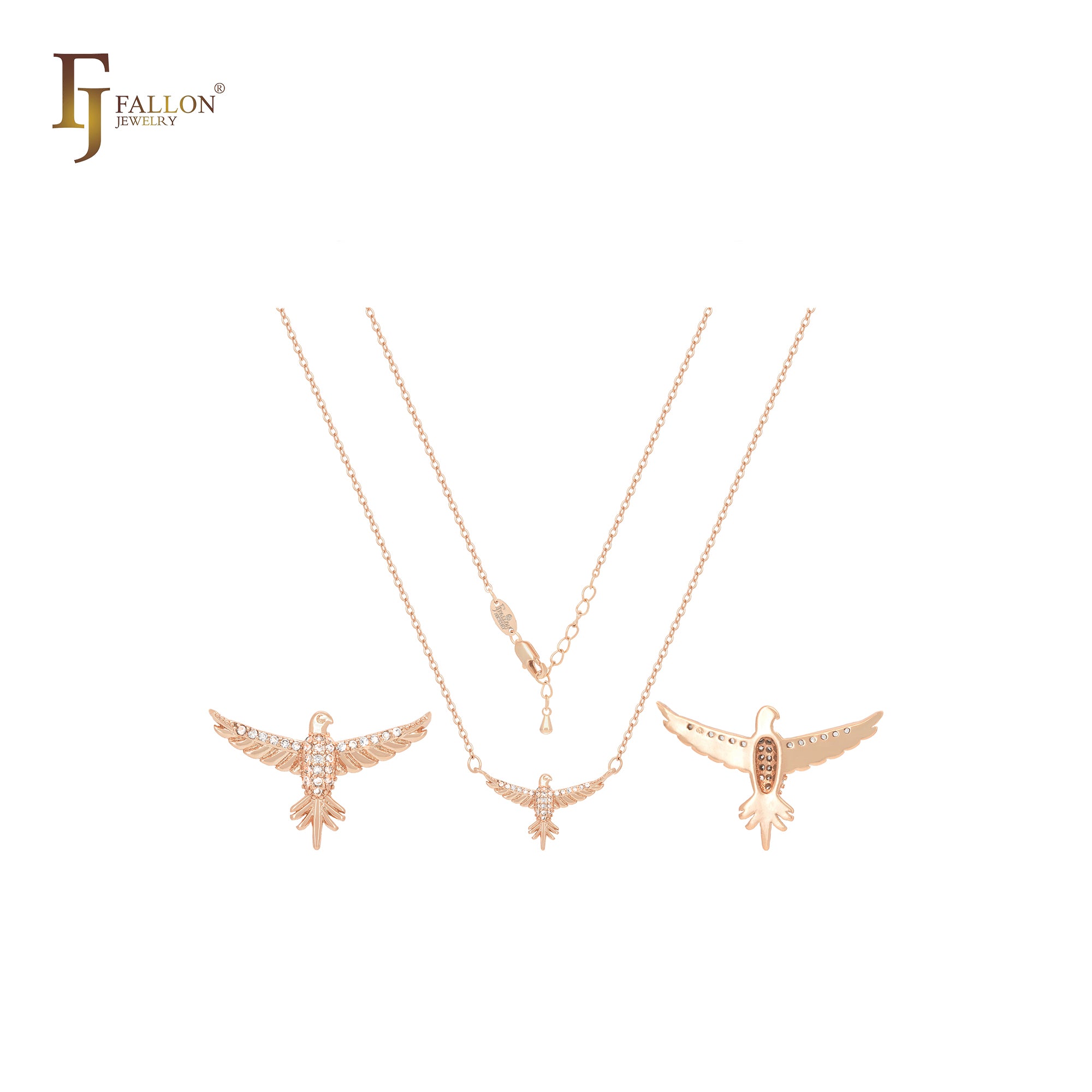 Eagle flying with white CZs 14K Gold, Rose Gold Necklace