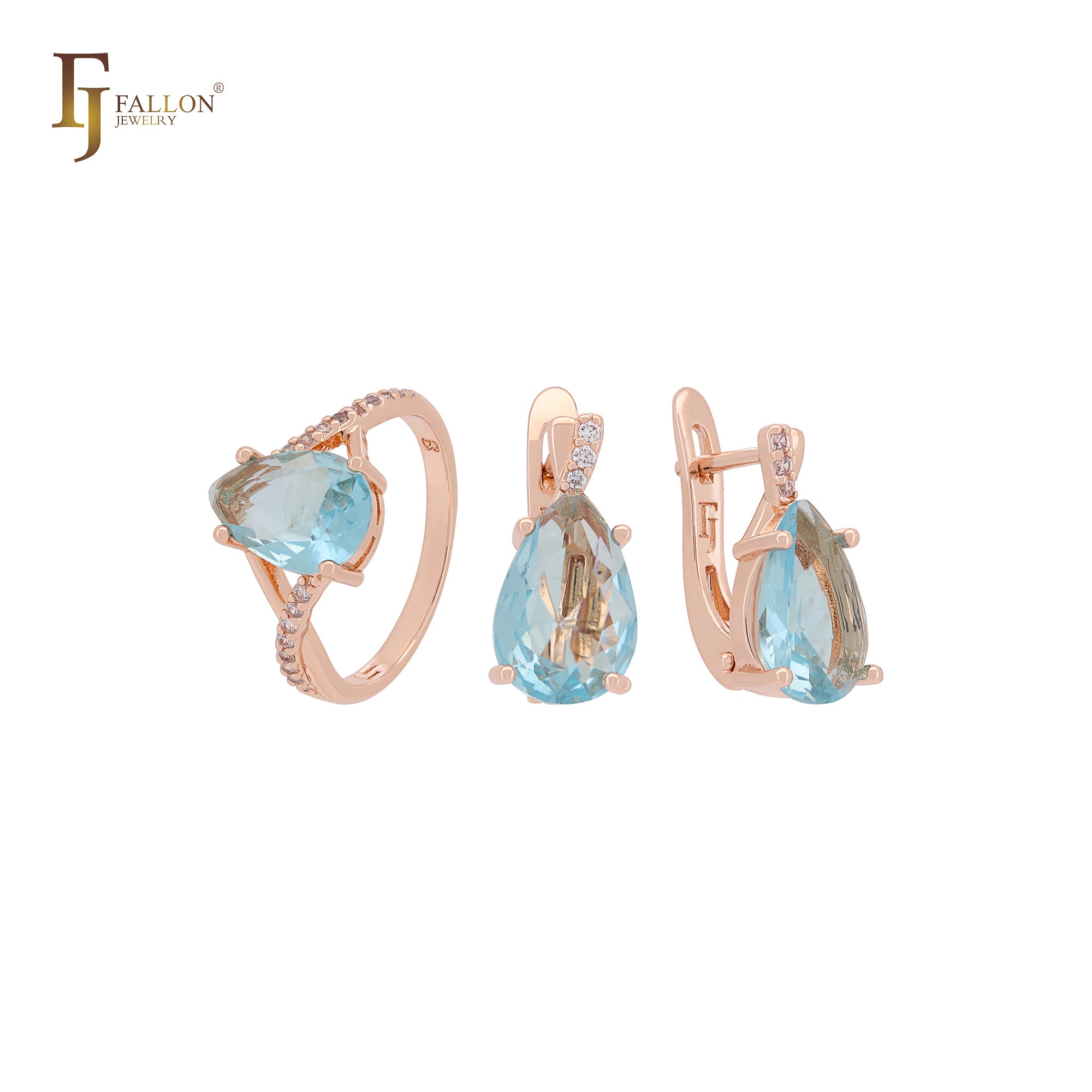 Great solitaire teardrop Lake Blue CZ Rose Gold Jewelry Set with Rings