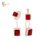 Big red squared CZ solitaire 585 Rose Gold Whole Jewelry Set with Rings and Pendant