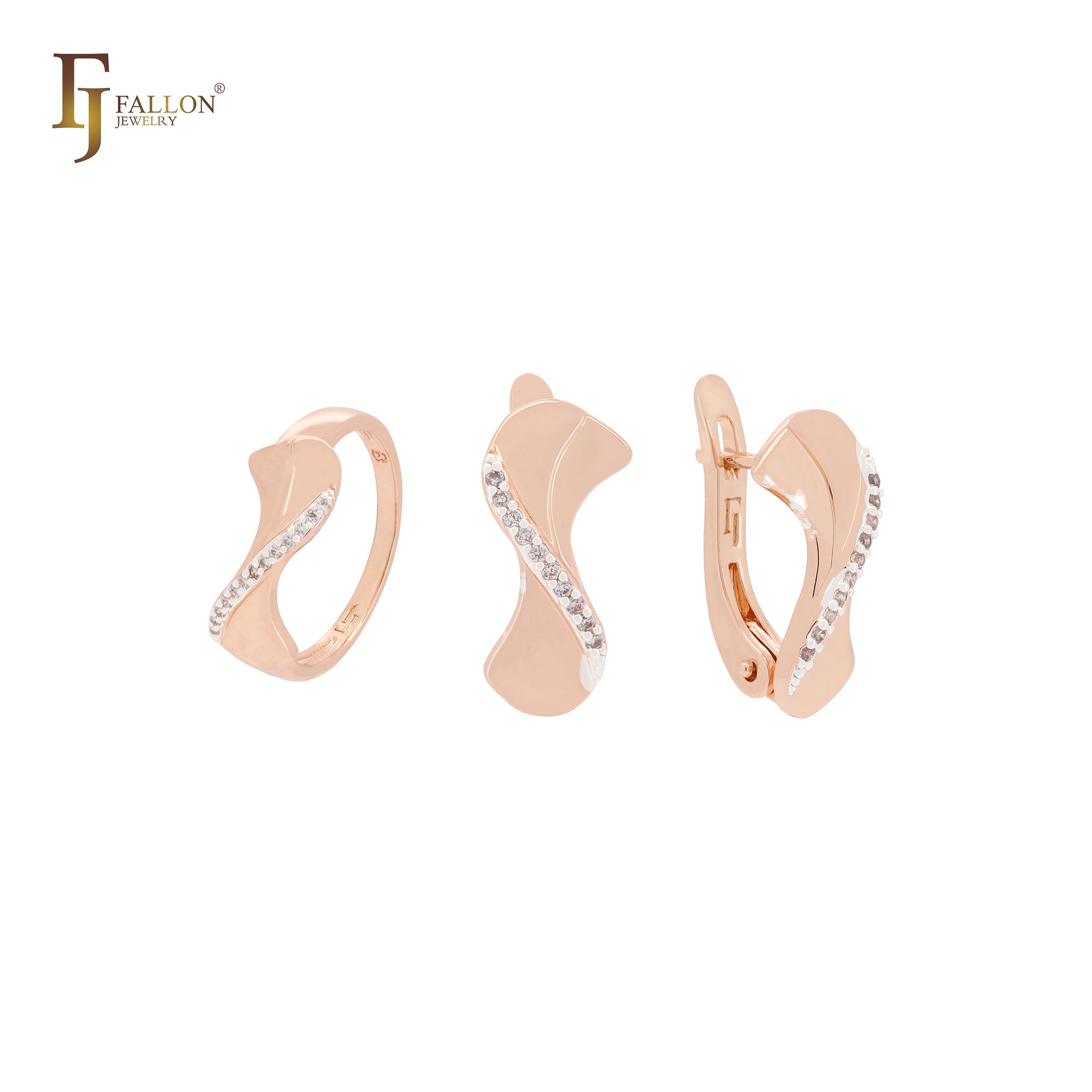 S shaped white CZs paved Rose Gold two tone Jewelry Set with Rings