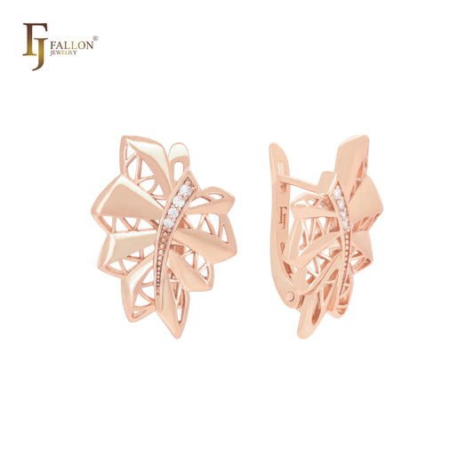 Great Maple leave of filigree and white CZ Rose Gold Clip-On Earrings