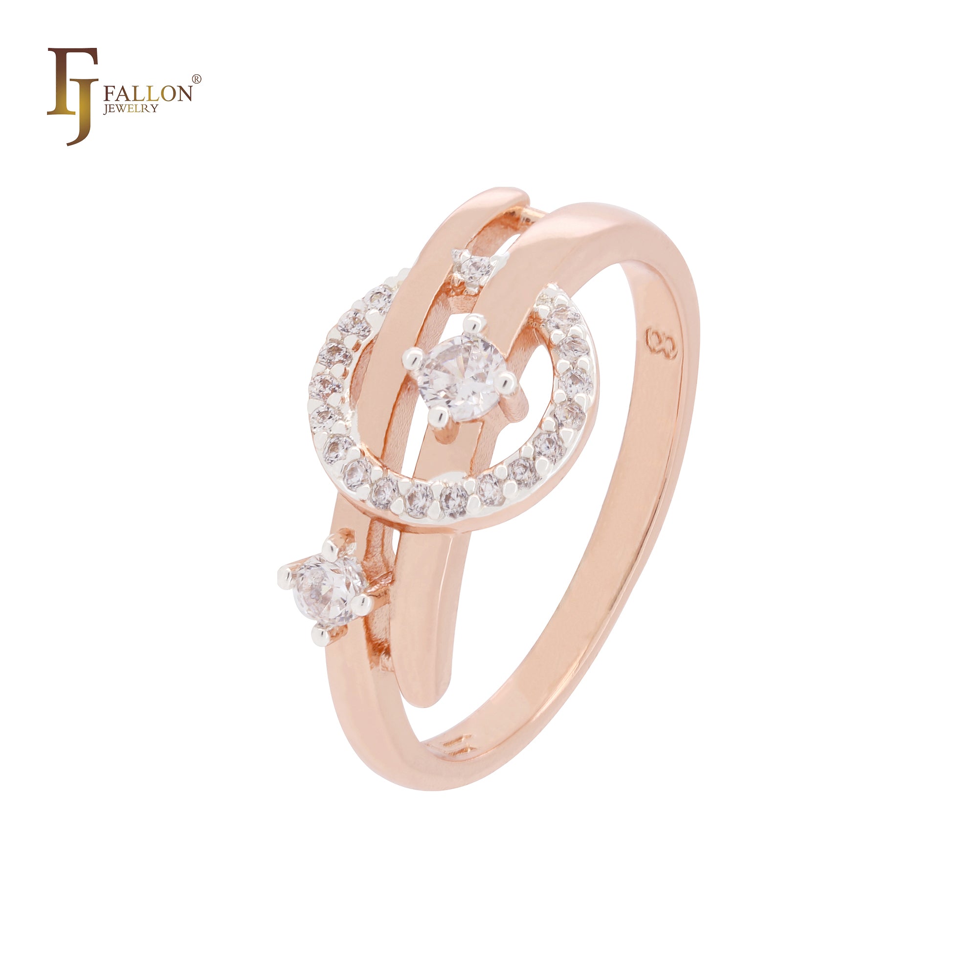 Circle of white CZs interlocking stars Rose Gold two tone Fashion Rings