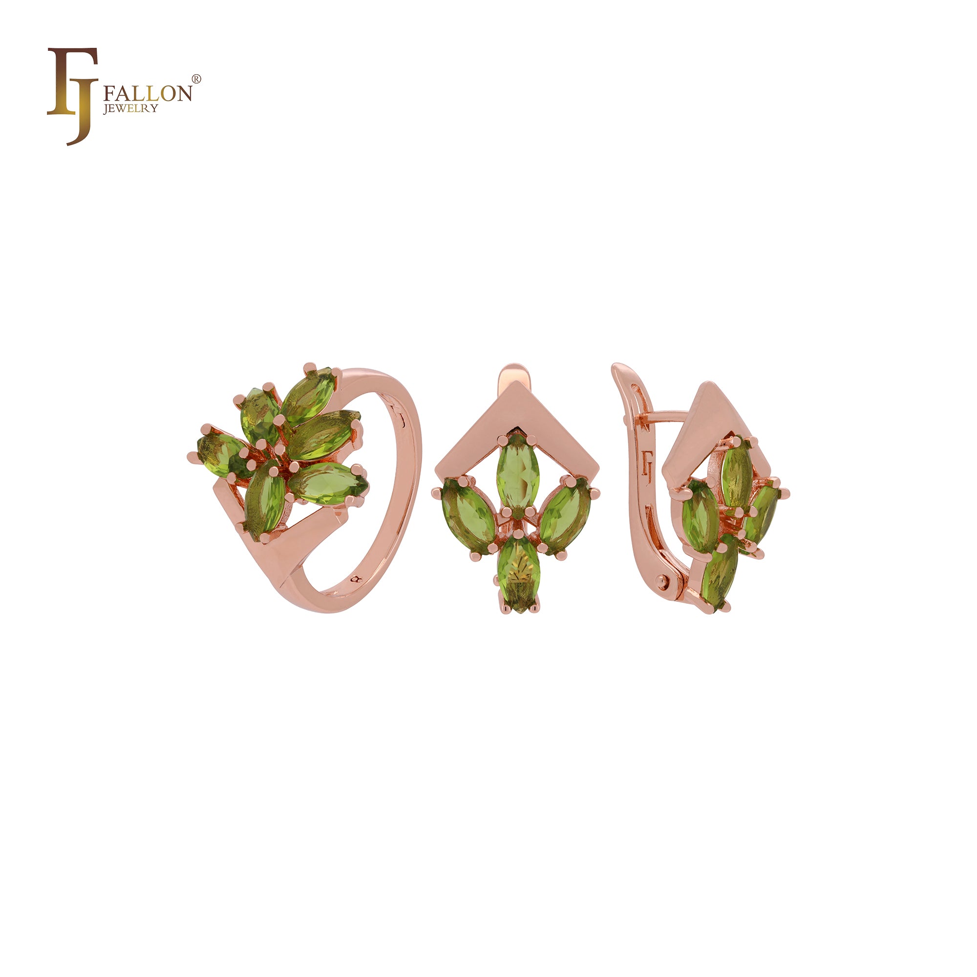 Blooming Olive Green cluster CZs Rose Gold Jewelry Set with Rings