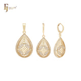 Teardrop pear shaped filigree white CZs 14K Gold Jewelry Set with Pendant