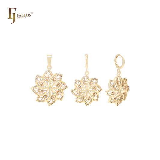 Spinning octagon flower of snowflake white CZs 14K Gold Jewelry Set with Pendant