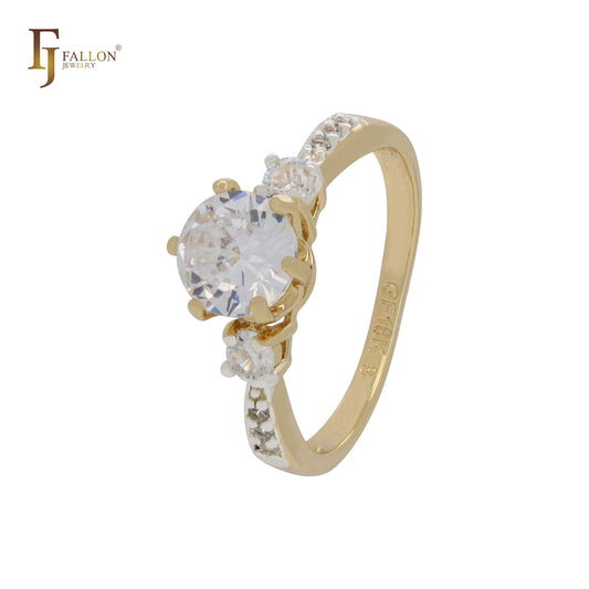 Solitaire white CZs sided with CZs 14K Gold two tone Engagement Rings