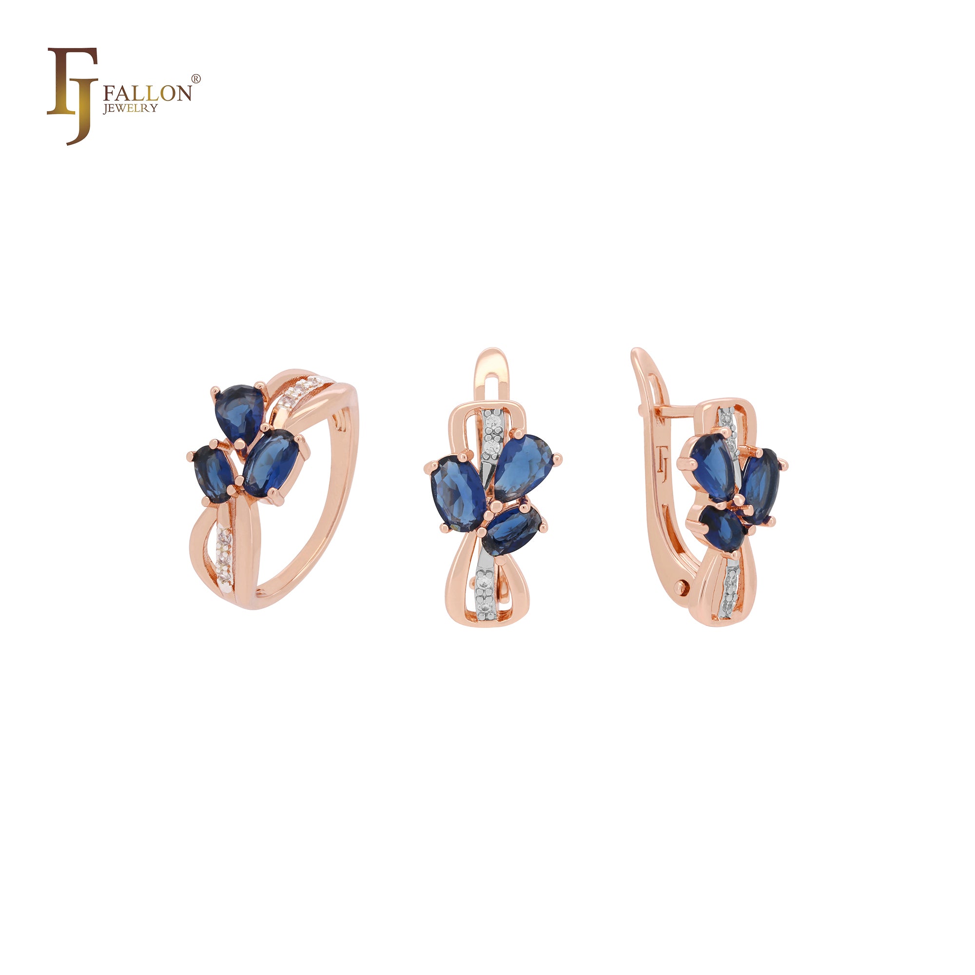 Triple deep blue oval CZs cluster Rose Gold two tone Jewelry Set with Rings