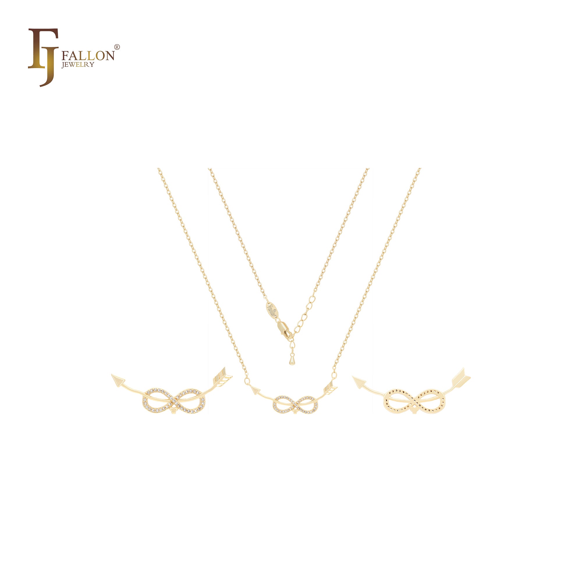 Infinity of white CZs with crossing arrow 14K Gold Necklace