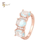 Triple oval lake blue cluster CZs with white CZs Rose Gold Fashion Rings