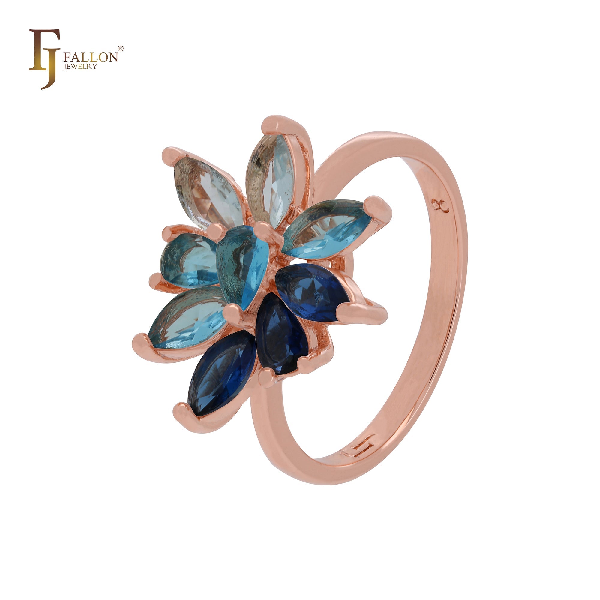 Cluster luxurious flower of marquise white or blue CZs sparkling Rose Gold Fashion Rings