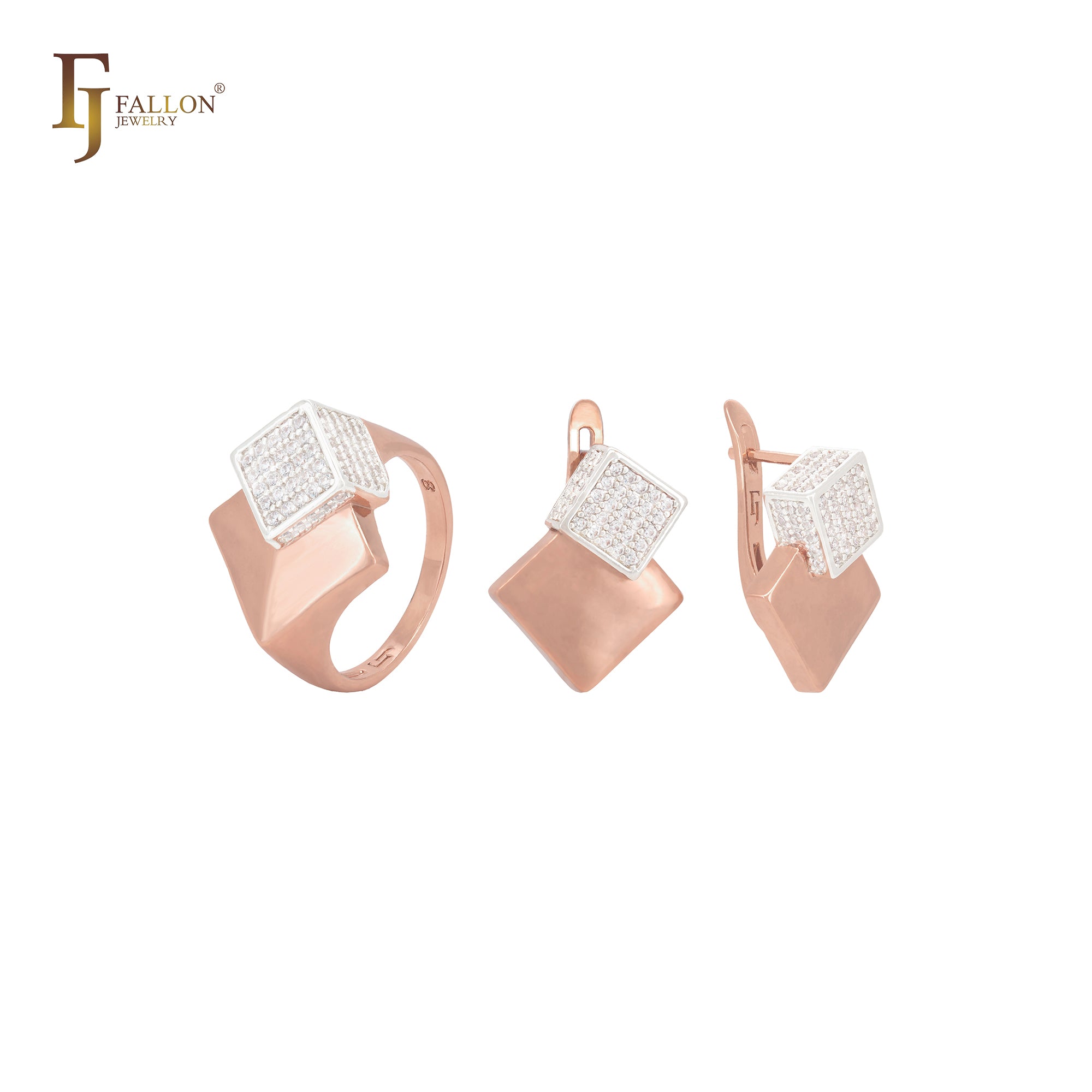 Glittering white CZs cube embedded in cube Rose Gold Jewelry Set with Rings