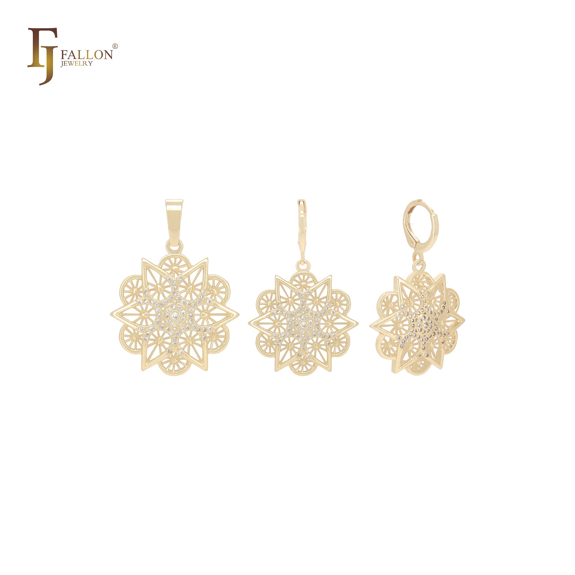 Hexagon snow flake double layers 14K Gold Jewelry Set with Pendant