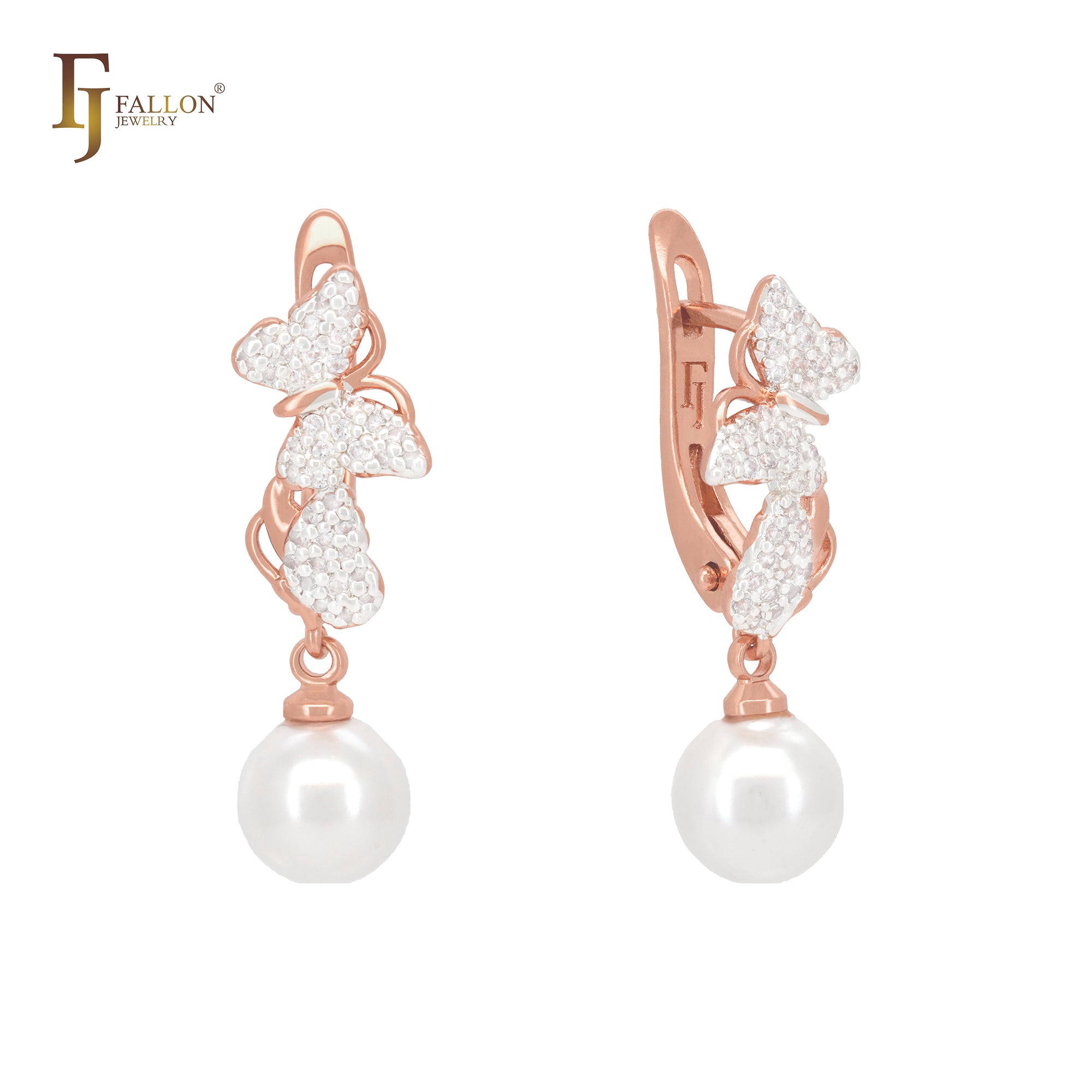 Butterfly and heart of white CZs and Pearl Rose Gold two tone Clip-On Earrings