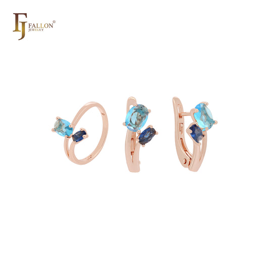 Mixed cluster blue branches blooming Rose Gold Jewelry Set with Rings