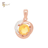 Triple spinning big solitaire rounded Yellow CZ Rose Gold two tone Pendant