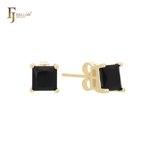 Solitaire squared colorful CZ 14K Gold Stud Earrings